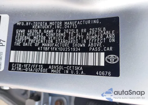 2013 Toyota Camry Se из США, поврежденный, VIN 4T1BF1FK1DU251934